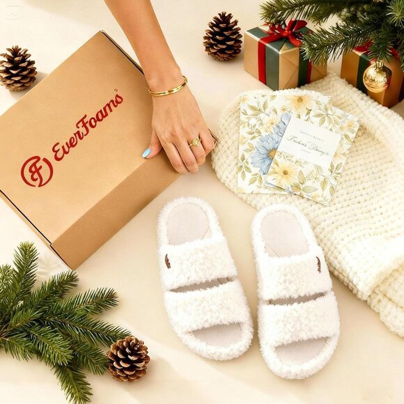 ⚡Women's Cream Fuzzy Open Toe Slipper Soft Comfy Memory Foam House Shoes - Picture 7 of 8